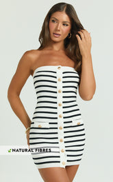 Amber Mini Dress - Strapless Knit Stripe Bodycon Dress in White/Black