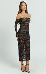 Amery Midi Dress - Off Shoulder Long Sleeve Stretch Fitted Skirt Dress in Black