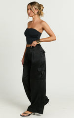 Amie Pants - High Waist Satin Tailored Cargo Pants in Black