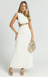 Amy Maxi Dress - High Neck Cut Dress with Hardware Detail in Cream