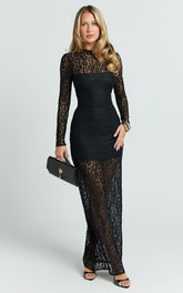 Andrea Maxi Dress - Lace High Neck Long Sleeve Dress in Black
