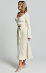 Andreia Midi Dress - Knitted Wrap Long Sleeve Dress in Cream