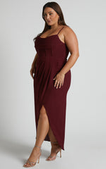 Andrina Midi Dress - High Low Wrap Corset Dress in Wine