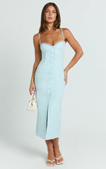 Anessa Midi Dress - Button Front Bustier Fitted Dress in Blue