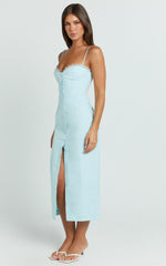 Anessa Midi Dress - Button Front Bustier Fitted Dress in Blue