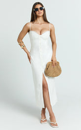 Anessa Midi Dress - Button Front Bustier Fitted Dress in White