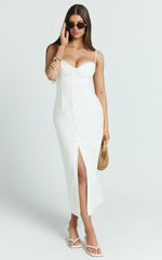 Anessa Midi Dress - Button Front Bustier Fitted Dress in White