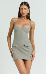 Angela Mini Dress - Sweetheart Neck Bodycon Checkered Dress in Beige Check