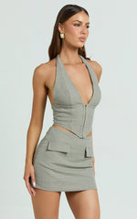 Angela Mini Skort - Mid Waist Faux Pocket Check Skort in Beige Check