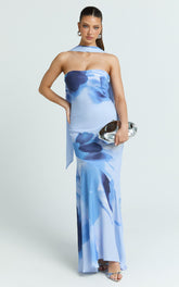 Angie Maxi Dress - Strapless Bias Column Dress with Scarf in Blue Print