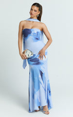 Angie Maxi Dress - Strapless Bias Column Dress with Scarf in Blue Print