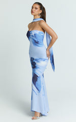 Angie Maxi Dress - Strapless Bias Column Dress with Scarf in Blue Print