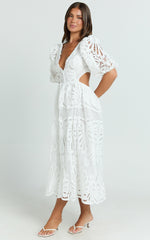 Anieshaya Midi Dress - V Neck Cut Out Lace Dress in White