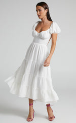 Anita Midi Dress - Puff Sleeve Tiered Dress in White