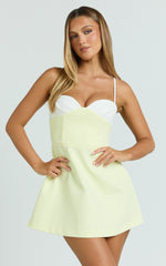 Anna Mini Dress - Contrast Neck Tulip Skirt Dress in Lemon and White