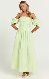 Annie Midi Dress - Off The Shoulder Ruffle Sleeve Pleated Dress in Lime
