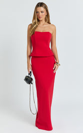 Anya Two Piece Top and Skirt Set - Strapless Fit And Flare Top And Maxi Skirt in Red
