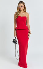 Anya Two Piece Top and Skirt Set - Strapless Fit And Flare Top And Maxi Skirt in Red