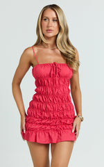 Aphrodite Mini Dress - Tie Front Gathered Dress in Red
