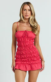 Aphrodite Mini Dress - Tie Front Gathered Dress in Red