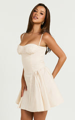 April Mini Dress - Sweetheart Wide Pleated Dress in Sand