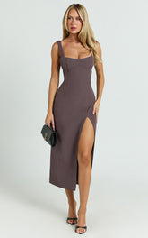 Aretha Midi Dress - Square Neckline High Split Dress in Mocha