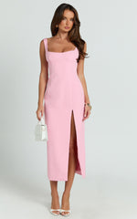 Aretha Midi Dress - Square Neckline High Split Dress in Pink