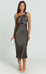 Aria Midi Dress - One Shoulder Twist Detail Satin Bias Cut Dress in Espresso