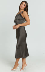 Aria Midi Dress - One Shoulder Twist Detail Satin Bias Cut Dress in Espresso