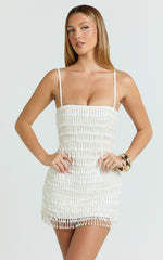 Aria Mini Dress - Beaded Pearl Fringe A Line Dress in Ivory
