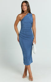 Arietty Midi Dress - One Shoulder Asymmetrical Ruched Dress in Steel Blue