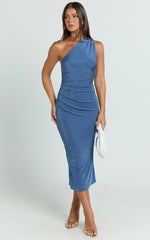 Arietty Midi Dress - One Shoulder Asymmetrical Ruched Dress in Steel Blue