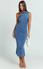 Arietty Midi Dress - One Shoulder Asymmetrical Ruched Dress in Steel Blue