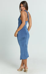 Arietty Midi Dress - One Shoulder Asymmetrical Ruched Dress in Steel Blue