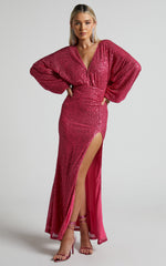 Arlington Midi Dress - Sequin Long Sleeve Dress in Hot Pink