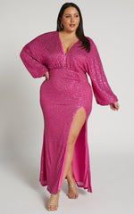 Arlington Midi Dress - Sequin Long Sleeve Dress in Hot Pink