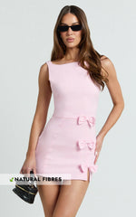 Arna Mini Dress - High Neck Fitted Bow Detail Leg Split Fitted Dress in Pink