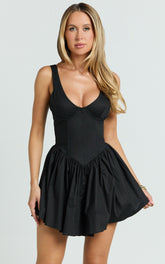 Ashlyn Mini Dress - Scoop Neck V Waist Gathered Dress in Black