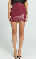 Ashlyn Mini Skirt - Faux Leather Overlap Skirt in Wine