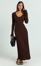 Astra Maxi Dress - V Neck Long Sleeve Knit Dress in Chocolate