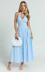 Athena Midi Dress - Halter Drop Waist Dress in Blue