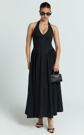 Athena Midi Dress - Halter Drop Waist Dress in Black