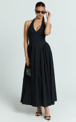 Athena Midi Dress - Halter Drop Waist Dress in Black