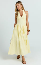 Athena Midi Dress - Halter Drop Waist Dress in Lemon