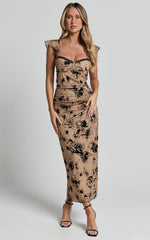 Athena Midi Skirt - Floral Mesh High Waist Skirt in Brown and Black Burnout