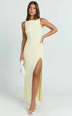Audette Maxi Dress - Boat Neck Ruched Fitted Dress in Lemon