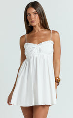 Augustine Mini Dress - Strappy Frill Babydoll Mini Dress in Off White