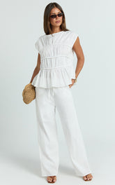 Auric Two Piece Set - Ruched Detail Top and Wide Leg Pants Set in Cream