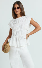 Auric Two Piece Set - Ruched Detail Top and Wide Leg Pants Set in Cream