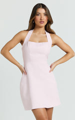 Aurora Mini Dress - Halter Neck Fit and Flare Dress in Pink